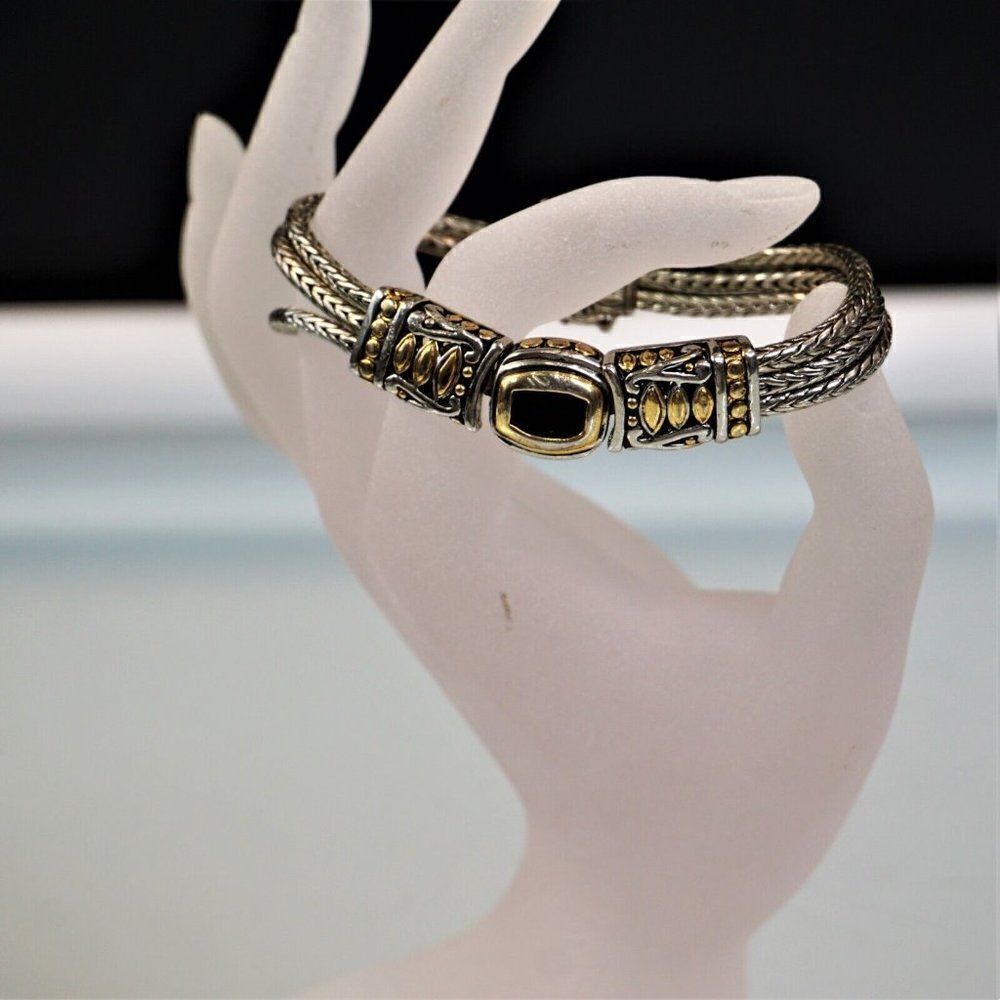Silver Tone Triple Naga Chain Bracelet Stone And Gold Accents Magnetic Clasp